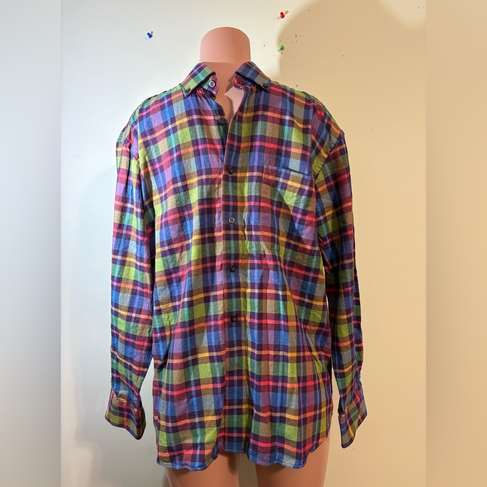 Alan Flusser Men’s‎ Medium button collar shirt Flip Cuff Button Down blue green